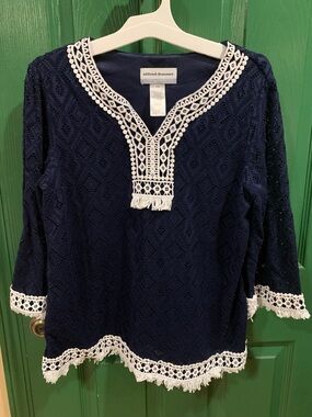 Alfred Dunner Navy Tunic with White Crochet Trim